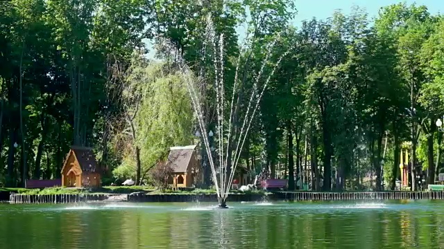 夏天阳光明媚的一天在公园里。湖面上美丽的喷泉，映衬着野鸭和天鹅。