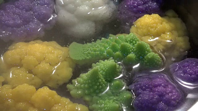 在锅中种有彩色卷心菜、菜花、大白菜、罗曼斯科、菜花变种、蔬菜，五颜六色，白，4K