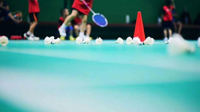 羽毛球在羽毛球场上与模糊的球员。