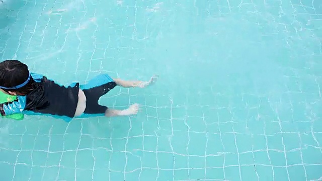 詳情圖-一個男孩正在游泳池里學(xué)習(xí)游泳，以提高他的游泳技能，戴著護目鏡和游泳泡沫漂浮