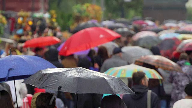 人们在繁忙的商业街撑着雨伞挡雨。真正的时间。红色的伞。人们在雨中带着雨伞上下班。模糊的散景。雨天的城市街道的自然背景