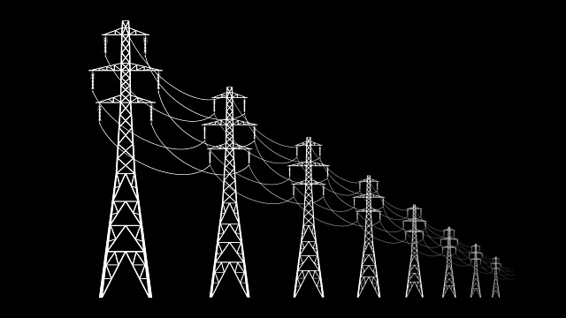 白色背景上的高压电缆塔。