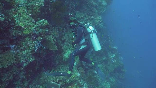 戴水肺的潜水员在水下