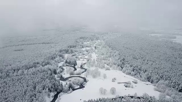 4 k。在雾霾天气下，在冰冻森林中蜿蜒的河流上飞行。北方多雪的冬天。航拍全景