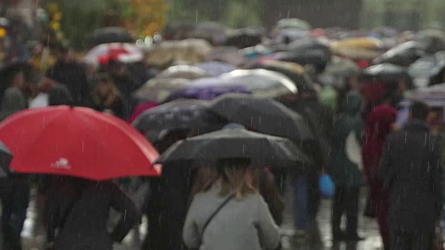 大雨倾盆，人们在繁忙的商业街撑着雨伞挡雨。真正的时间。红色的伞。人们在雨中带着雨伞上下班。模糊的散景。雨天的城市街道的自然背景