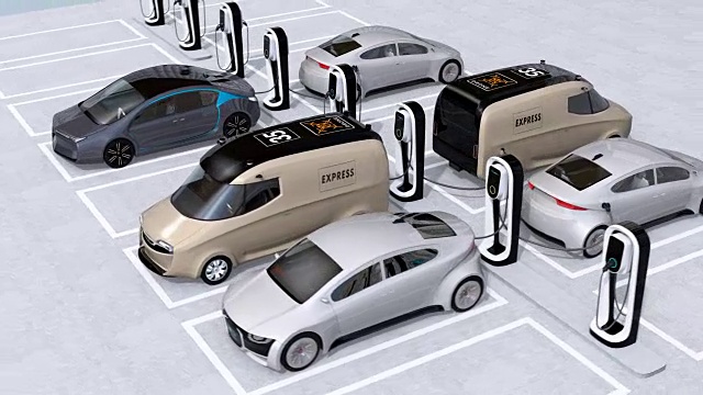 詳情圖-藍色汽車行駛通過停車場，配備電動汽車充電系統(tǒng)