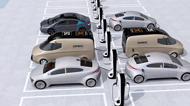 詳情圖-藍色汽車行駛通過停車場，配備電動汽車充電系統(tǒng)