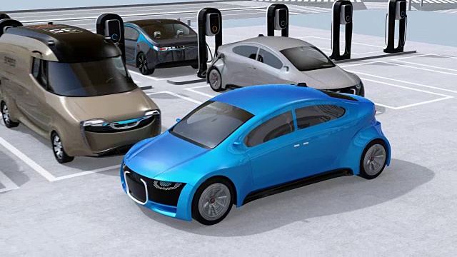 詳情圖-藍色汽車行駛通過停車場，配備電動汽車充電系統(tǒng)