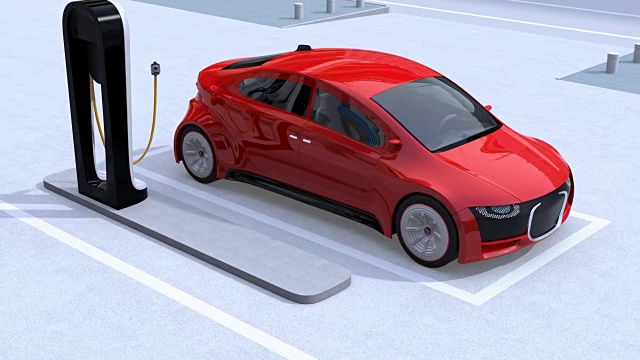 詳情圖-紅色電動汽車駛往充電站充電
