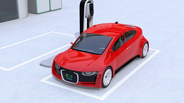 詳情圖-紅色電動汽車駛往充電站充電