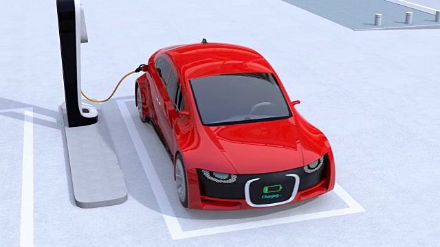 詳情圖-紅色電動汽車駛往充電站充電
