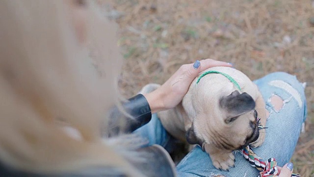 一个白人女人在户外和哈巴狗玩耍