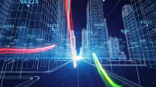 詳情圖-彩色筆觸通過數(shù)字和網(wǎng)格數(shù)字夜城市。3d藍圖。商業(yè)和技術(shù)概念。3d動畫。