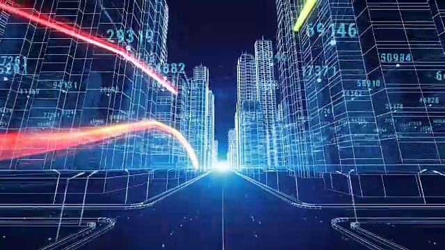 詳情圖-彩色筆觸通過數(shù)字和網(wǎng)格數(shù)字夜城市。3d藍圖。商業(yè)和技術(shù)概念。3d動畫。