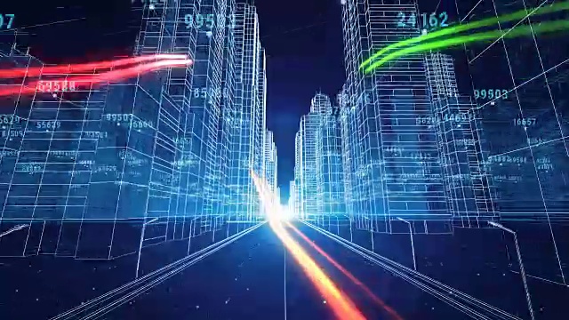 詳情圖-彩色筆觸通過數(shù)字和網(wǎng)格數(shù)字夜城市。3d藍圖。商業(yè)和技術(shù)概念。3d動畫。