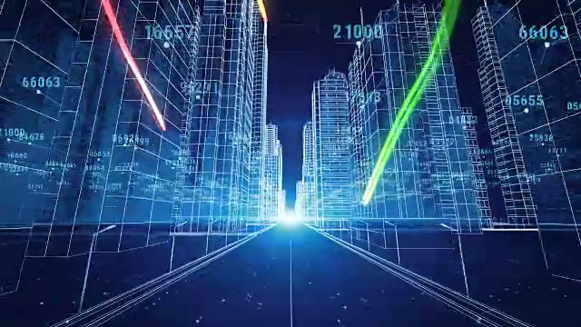 詳情圖-彩色筆觸通過數(shù)字和網(wǎng)格數(shù)字夜城市。3d藍圖。商業(yè)和技術(shù)概念。3d動畫。