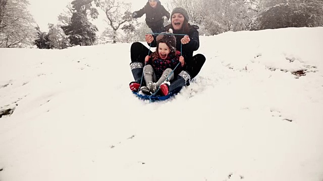 圣诞假期全家乘雪橇从雪山上滑下来