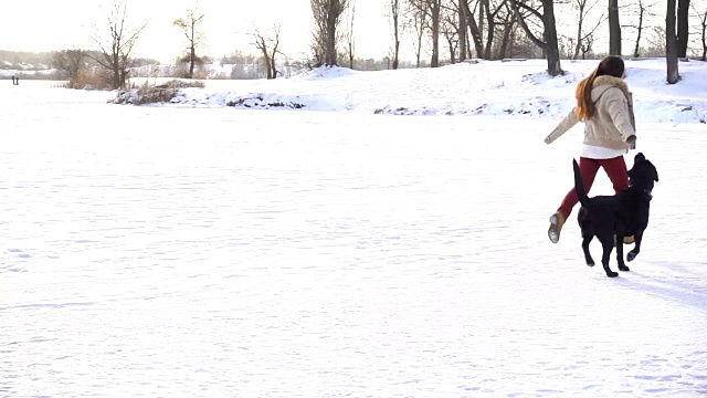 黑色拉布拉多犬和年轻女孩在雪地上奔跑