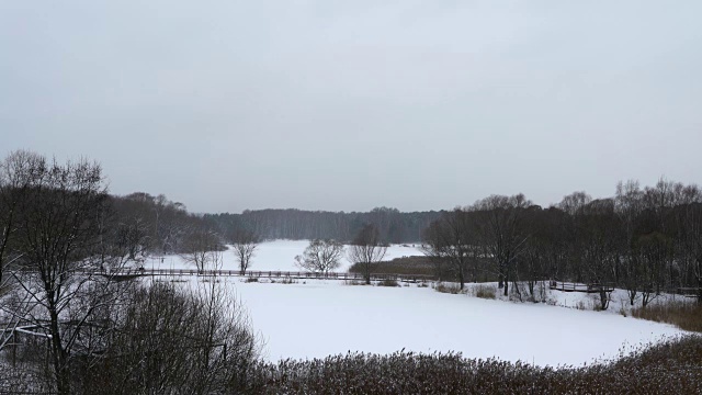 从秋季森林到冬季，水到冰雪，暴风雪，暴风雪，可循环，鸟瞰