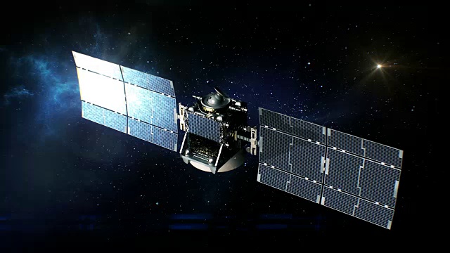 利用太阳能电池板在开放空间拍摄卫星的美景。3d动画。深空与技术概念。