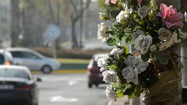 路灯上的花是为了纪念在交通事故中死去的人