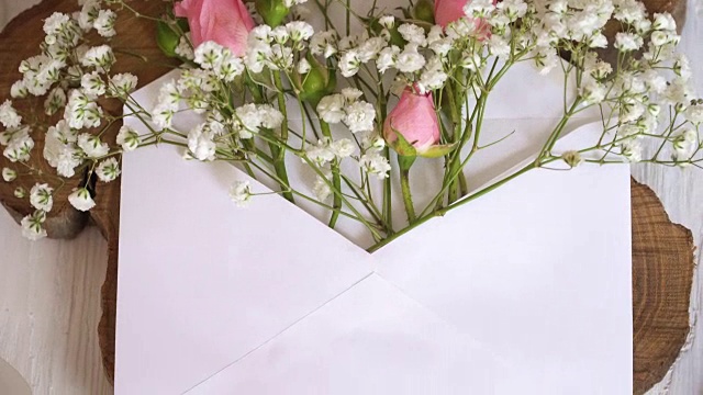 詳情圖-牛皮紙信封與鮮花木制白色背景與書法筆