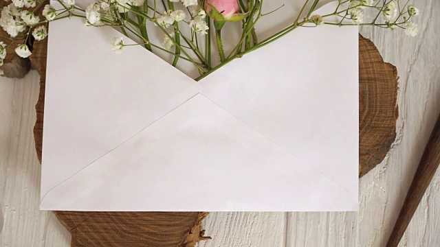 詳情圖-牛皮紙信封與鮮花木制白色背景與書法筆