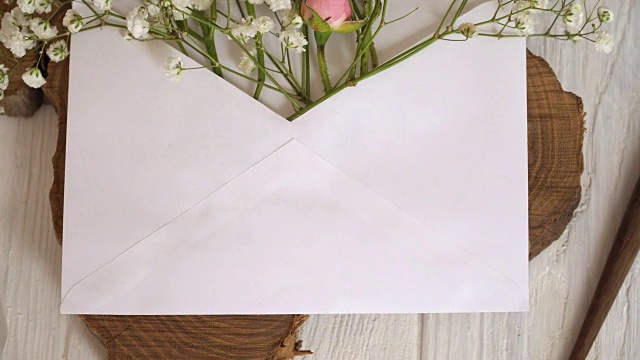 詳情圖-牛皮紙信封與鮮花木制白色背景與書法筆