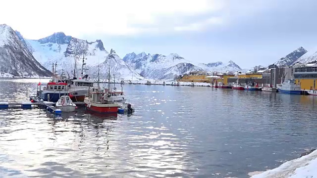 冬季，挪威北部Senja岛Øyfjorden的Husøy渔港和村庄