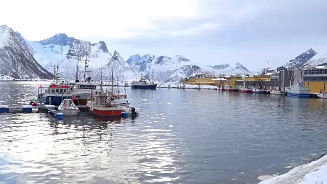 冬季，挪威北部Senja岛Øyfjorden的Husøy渔港和村庄