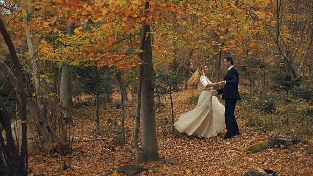 一对年轻美丽的新婚夫妇在秋天的森林里跳舞。结婚的那一天。慢动作