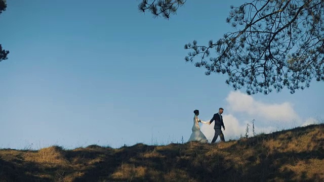 一对年轻美丽的新婚夫妇一起走在山坡上。结婚的那一天。慢动作