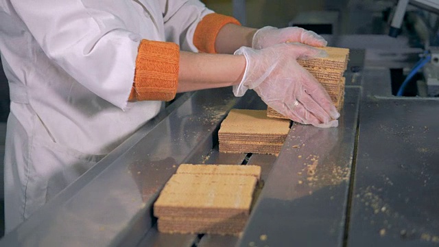 女工人把新鲜的饼干放在传送带上。