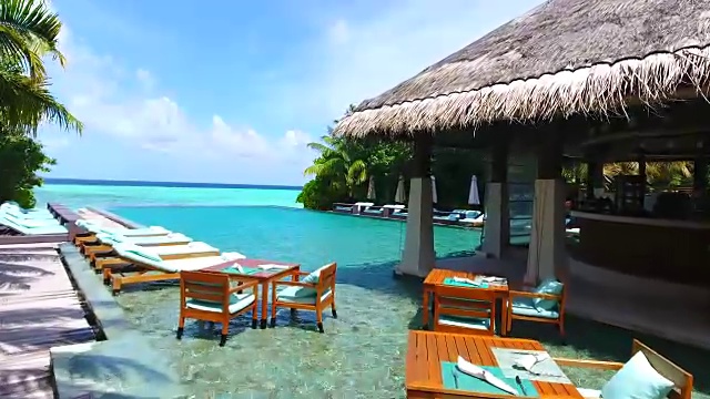 详情图-马尔代夫，蓝天，蓝绿色的海，白色的沙子和绿色的棕榈树。