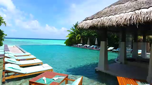 详情图-马尔代夫，蓝天，蓝绿色的海，白色的沙子和绿色的棕榈树。