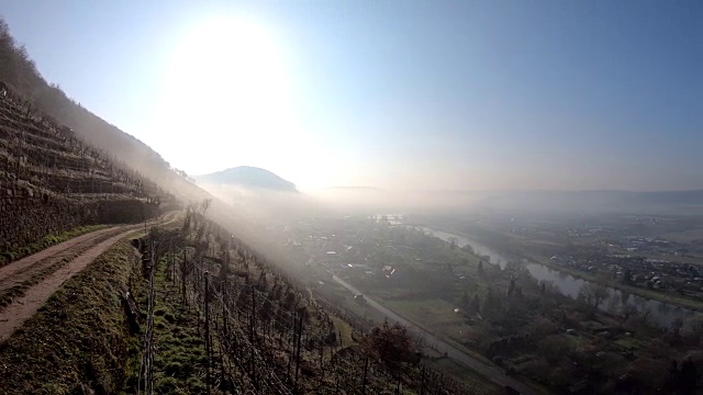 雾在Maintal, Vineyard, Winter, Spessart, Franconia, Bavaria, 4k