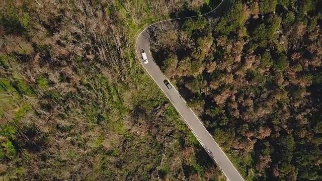 无人机跟随汽车沿着山路行驶。鸟瞰图一个狭窄的森林车道。物流和运输。4 k