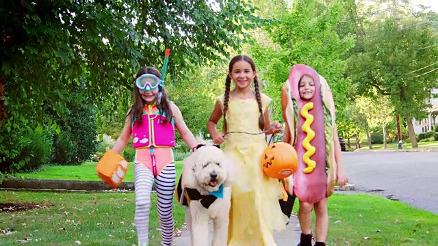 孩子和狗在万圣节的服装为Trick Or Treating