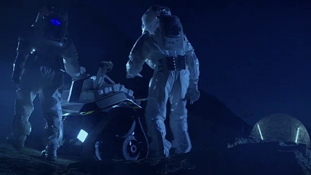 詳情圖-兩名宇航員穿著太空服在外星球上向火星車和測地線圓頂走去。高科技空間探索概念。探索和發(fā)現(xiàn)新的宜居行星的載人任務(wù)。