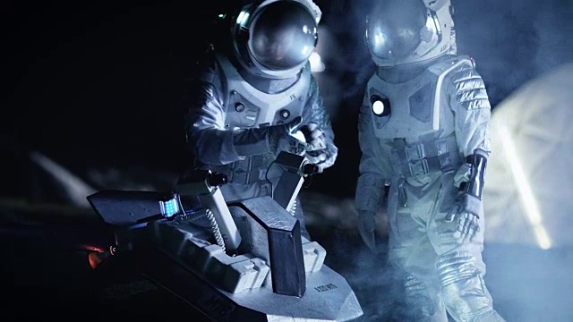 詳情圖-兩名宇航員穿著宇航服在外星為火星表面探索探險(xiǎn)準(zhǔn)備太空車(chē)。太空旅行和太陽(yáng)系殖民概念。