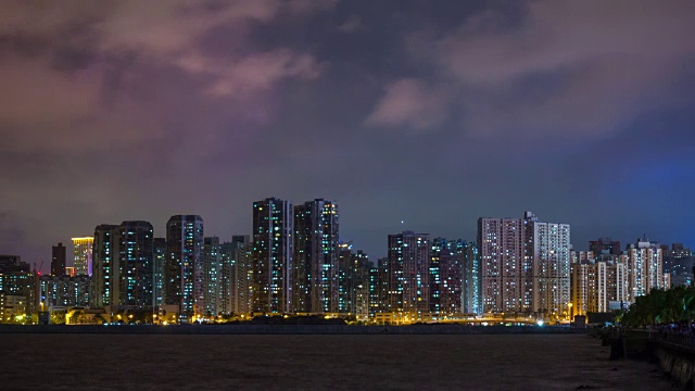 中国夜照亮珠海湾澳门城市景观海岸线全景4k时间