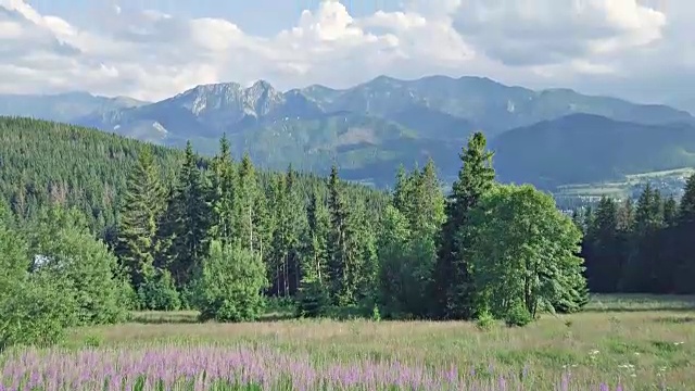 塔特拉山脉景观，无人机向前飞行