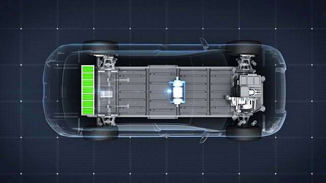 电子，离子电池回声车。充电汽车电池。电池电量检查，未来车。前视图。