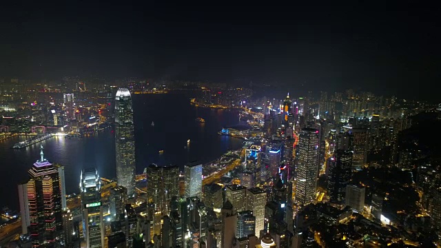 夜间灯光著名的香港城市湾航拍全景4k中国