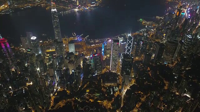 夜光香港市中心湾航拍全景4k中国