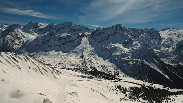 锯齿状积雪覆盖的山脉和明亮的阳光