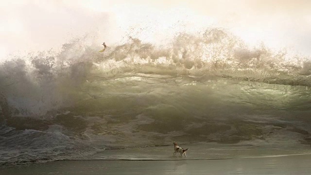 超现实的巨浪与猫冲浪者