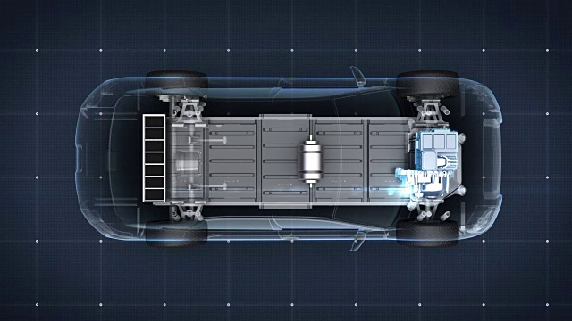 电子，离子电池回声车。充电汽车电池。电池电量检查，未来车。前视图。