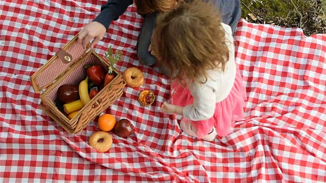 母亲和孩子在享受户外野餐。前视图。