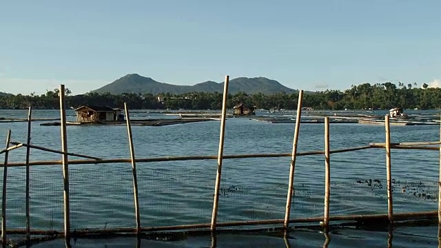 沿湖岸建竹栅栏。跟踪拍摄